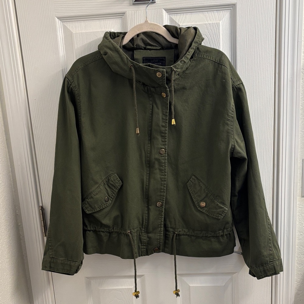 Women's MISS LONDON Olive Green Hooded Moto Jacket Size L